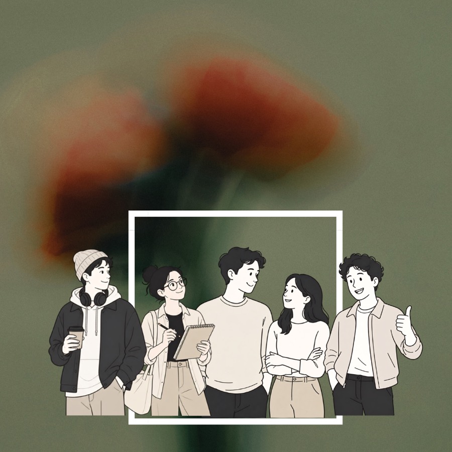 Line illustration of the Ted and Lisa cast standing together in a white frame, over a blurred poppy photograph.
